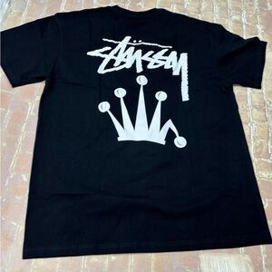Stussy Black T-Shirt with White Graphic Crown Logo